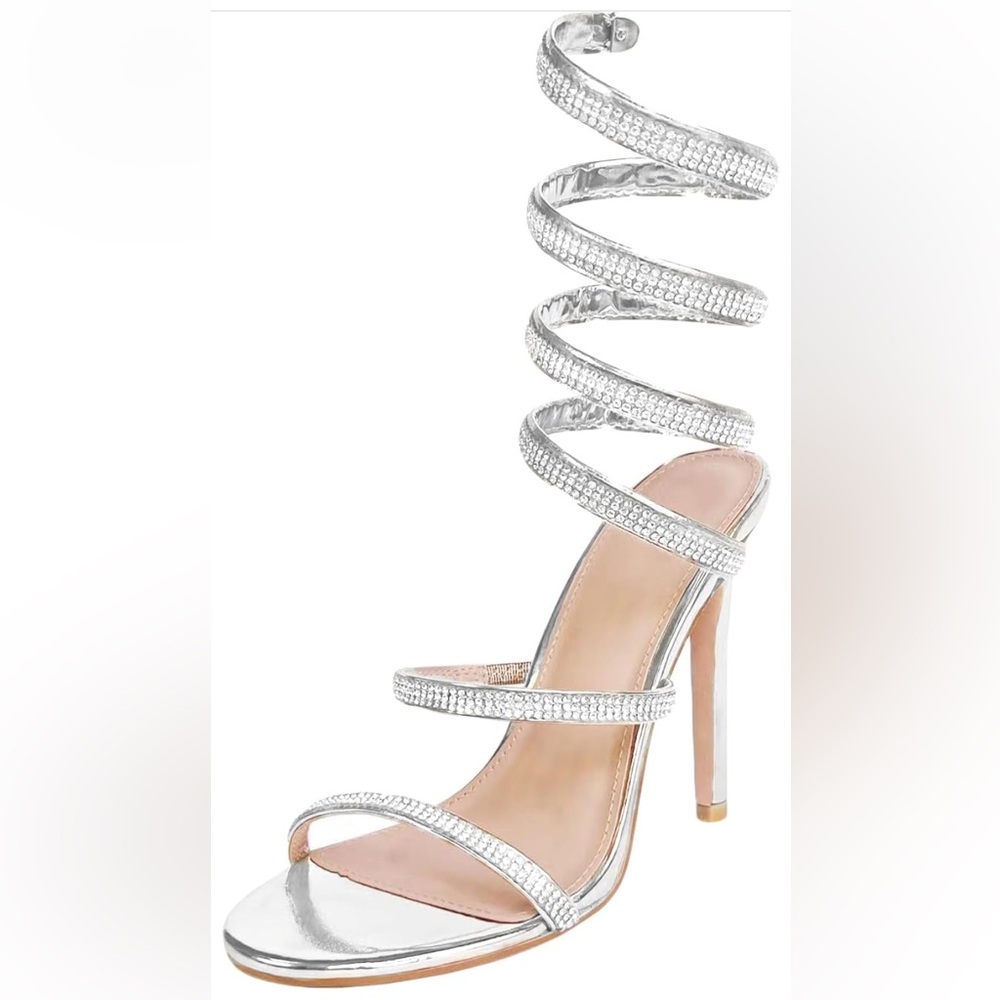 Silver Rhinestone Ankle Wrap Heels